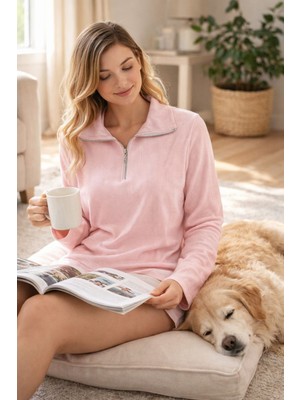 U&me Yarım Fermuar Dik Yakalı Fitil Dokulu Yumuşak Triko Kadın Sweatshirt Şık ve Rahat Günlük Üst Toz Pembe