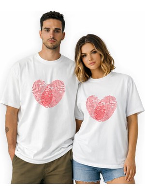 Kidilia Parmak Izi Kalp Görselli Unisex Bisiklet Yaka Tasarım Tshirt - Beden: Xlrenk: Beyaz