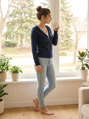 U&me Kapüşonlu Dar Kesim Boydan Fermuarlı Crop Slim Fit Ribana Kadın Sweatshirt Koyu Lacivert