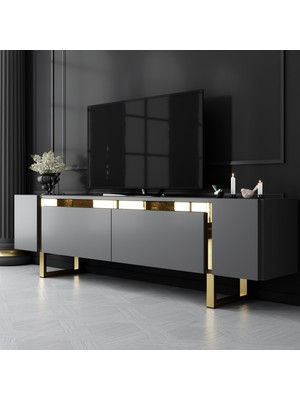 Modatte Mobilya MODATTE Yıldız Gold Demir Ayaklı Antrasit Tv Ünitesi Tv Sehpası