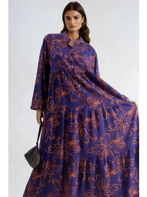 Hiccup Kadın Desenli Rahat Maxi Elbise Mor