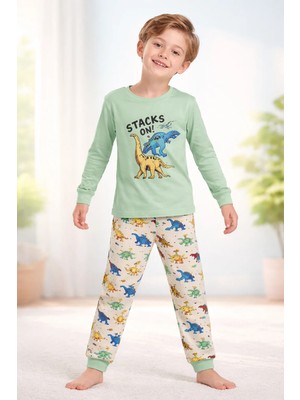 Almira Anne Bebek Yeşil ve Beyaz Erkek Çocuk Pijama Takımı 5-9 Yaş Günlük Rahatlık