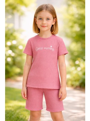 Almira Anne Bebek Kız Çocuk Giyim Gül Kurusu Renkli Yazlık Kısa Kollu Takım