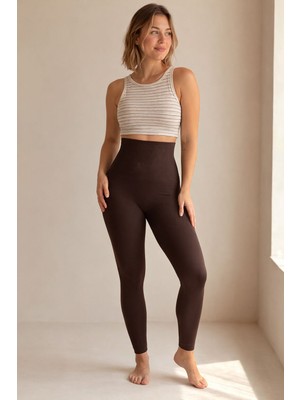 U&me Yüksek Bel Uzun Korse Tayt, Karın Toparlayıcı Kalça Şekillendirici Incelten Slim Fit Kadın Shapewear Kahverengi