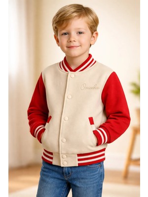 Almira Anne Bebek Kız Çocuk Mont Yazlık Krem Kırmızı Cepli Kolej Ceket
