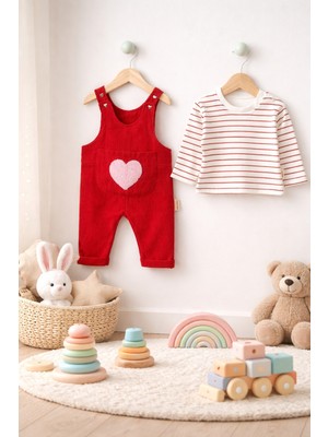 Bobby Kız Bebek Kalp Cepli Kadife Salopet Takımçizgili Body 2!li Takım