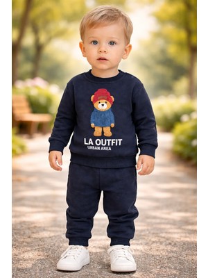 Almira Anne Bebek Erkek Bebek Lacivert Takım 12-24 Ay Ayıcık Baskılı ve Şardonlu