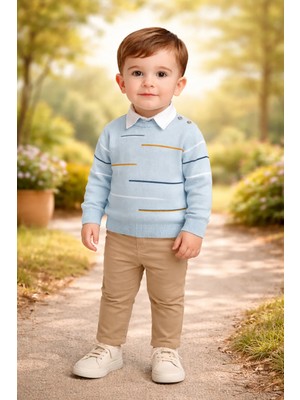 Almira Anne Bebek Erkek Çocuk Çizgi Detaylı Mavi Takım 3 Parça Yazlık Set