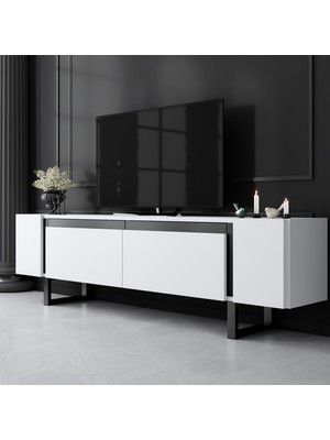 Modatte Mobilya MODATTE Yıldız Siyah Demir Ayaklı Beyaz Tv Ünitesi Tv Sehpası