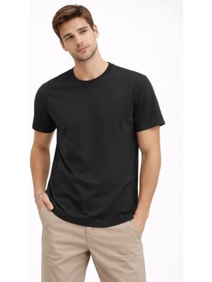 Adisia Erkek Bisiklet Yaka Tişört Regular Kalıp Basic Pamuklu Günlük Kullanım T-Shirt - Siyah