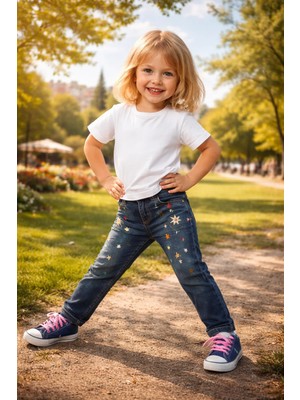 Almira Anne Bebek Çocuk Kot Pantolon Yıldız Desenli Rahat Günlük Pantolon