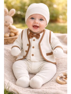 Almira Anne Bebek Erkek Bebek Düğmeli Fiyonklu 4 Parça Zıbın Takımı