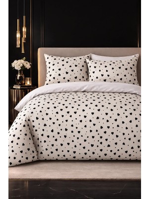 More Home Çift Kişilik Nevresim Takımı Lastikli Çarşaflı Kalp Desenli Beyaz  Kırmızı