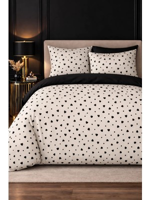 More Home  Çift Kişilik Yorgan Kılıfı + Yastık Kılıfı (Çarşafsız) Kalpli-Siyah