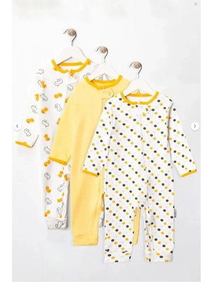 Bamoola %100 Pamuk 9-12-18 Ay Sarı Civciv 3'lü Patiksiz Manşetli Tulum (Kız Erkek Bebek Çocuk)