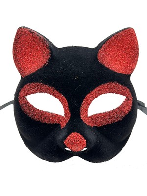 Selfbuysell Siyah Renk Kırmızı Simli Süet Kaplama Kedi Maskesi 18X14 cm (5324)