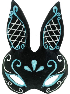 Selfbuysell Siyah Renk Mavi Beyaz Simli Siyah Süet Kaplama Tavşan Maskesi 18X16 cm (5324)