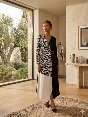 Ayshan Zebra Desenli Blok Renkli Kuşaklı Midi Elbise