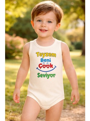 Almira Anne Bebek Unisex Teyzem Beni Çok Seviyor Yazılı Sıfır Kollu Çıtçıtlı Bebek Body