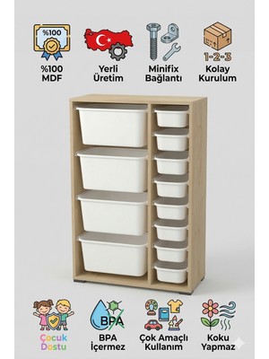 yabilmo %100 Mdf Gövde Kolay Minifix Bağlantı 12 Çekmece Çok Amaçlı Oyuncak Dolabı - 12 Sepetli Safir Meşe Dolap