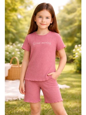 Almira Anne Bebek Kız Çocuk Fitilli Kısa Kollu Pamuklu Pudra Renk Takım