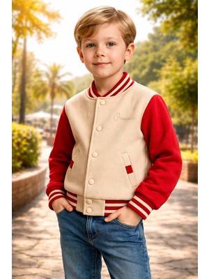 Almira Anne Bebek Mevsimlik Kız Çocuk Kolej Ceketi Krem Kırmızı Cepli Düğmeli