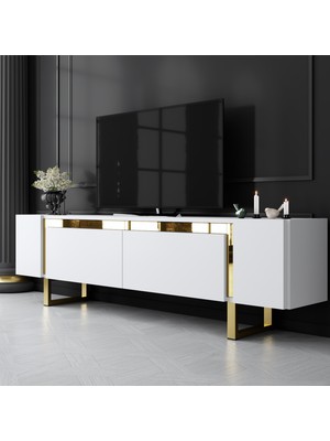 Modatte Mobilya MODATTE Yıldız Gold Demir Ayaklı Beyaz Tv Ünitesi Tv Sehpası