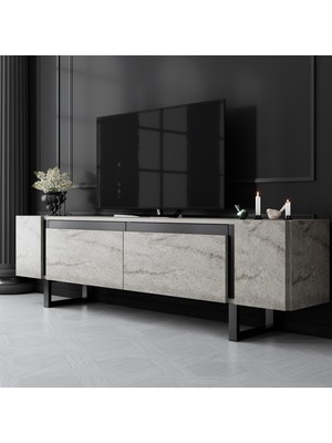Modatte Mobilya MODATTE Yıldız Siyah Demir Ayaklı Traverten Tv Ünitesi Tv Sehpası