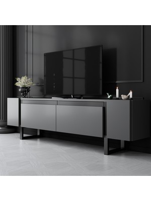 Modatte Mobilya MODATTE Yıldız Siyah Demir Ayaklı Antrasit Tv Ünitesi Tv Sehpası