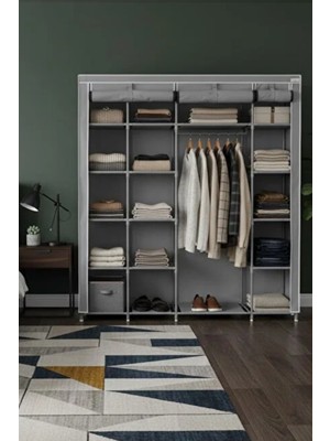 Missidea Xtra Yandan Portatif Bez Dolap Metal Iskeletli Askılı Raflı Kumaş Gardırop Gri