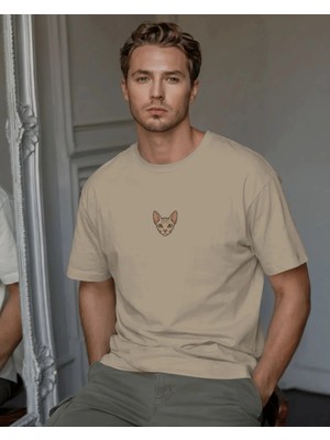 Muhtar Store Erkek Sfenks Kedi Baskılı Oversize Tişört – Minimal Sphynx Cat Tasarım