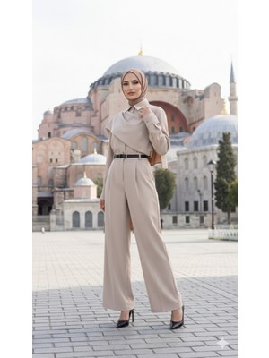 Asyahsap Kadın Uzun Kollu Şal Detaylı Bluz ve Pantolon Kemer Dahil Ikili Takım