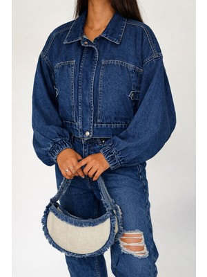 Noa Noa Kadın Açık Mavi Kısa Denim Ceket – Elastik Manşetli Crop Model