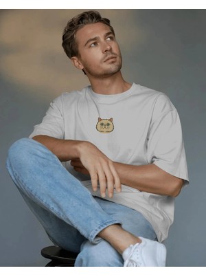 Muhtar Store Erkek Iran Kedisi Baskılı Oversize Tişört – Minimal Persian Cat Tasarım