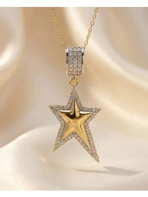 Takı Deryası Kadın Altın Renk Paslanmaz Çelik Yıldız Taşlı Parlak  Kolye 45 cm Zincirli Hediye Seçeneği
