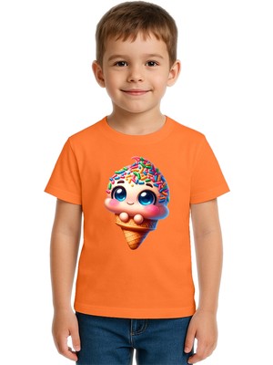 Sedirli Unisex Dondurma Ice Cream Baskılı Çocuk Tişört Pamuklu Penye Kumaş