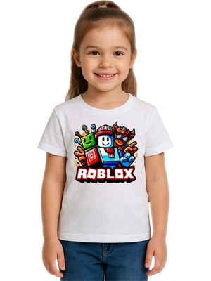Sedirli Unisex Roblox Baskılı Çocuk Tişört Pamuklu Penye Kumaş