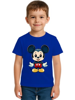 Sedirli Unisex Mıckey Mouse Baskılı Çocuk Tişört Pamuklu Penye Kumaş