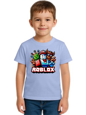 Sedirli Unisex Roblox Baskılı Çocuk Tişört Pamuklu Penye Kumaş