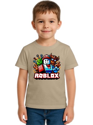Sedirli Unisex Roblox Baskılı Çocuk Tişört Pamuklu Penye Kumaş