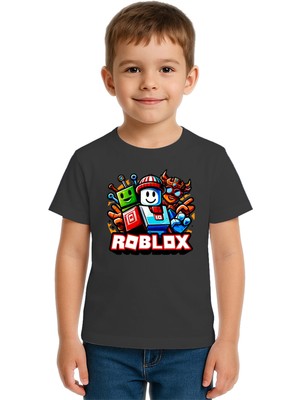 Sedirli Unisex Roblox Baskılı Çocuk Tişört Pamuklu Penye Kumaş