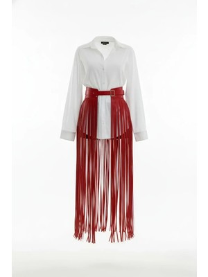 Giyim Kırmızı Etek Deri Püsküllü Uzun Maksi Kemerli - BRF1003 Beruflic
