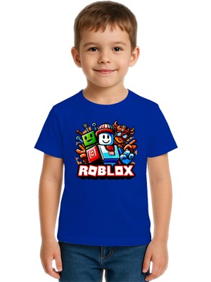 Sedirli Unisex Roblox Baskılı Çocuk Tişört Pamuklu Penye Kumaş