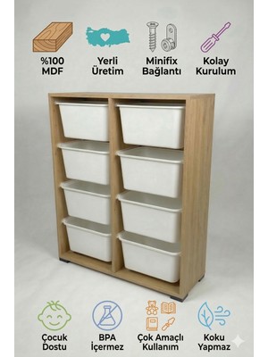 yabilmo %100 Mdf Gövde Kolay Minifix Bağlantı 8 Çekmeceli Çok Amaçlı Oyuncak Dolabı - 8 Sepetli Safir Meşe Dolap