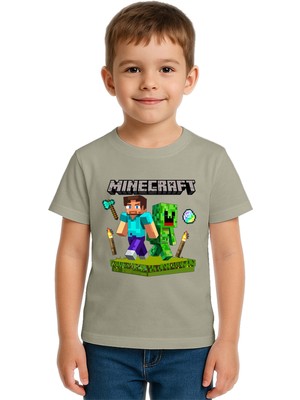 Sedirli Unisex Mınecraft Baskılı Çocuk Tişört Pamuklu Penye Kumaş