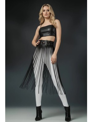 Giyim Siyah Etek Deri Yüksek Bel Etek Çift Tokalı Uzun - BRF1090 Beruflic