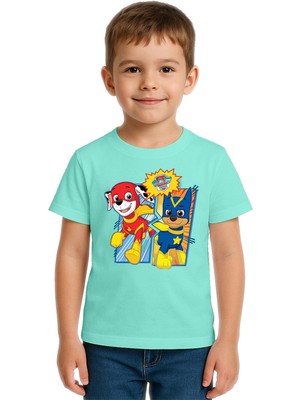 Sedirli Unisex Paw Petrol Baskılı Çocuk Tişört Pamuklu Penye Kumaş