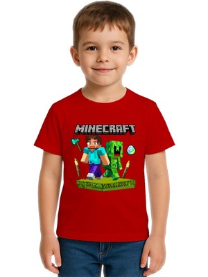 Sedirli Unisex Mınecraft Baskılı Çocuk Tişört Pamuklu Penye Kumaş