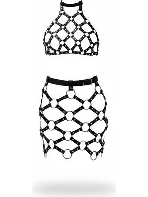 Giyim Siyah Etek Suni Deri Etek Metal Halkalı Mini Etek - BRF1289 Beruflic