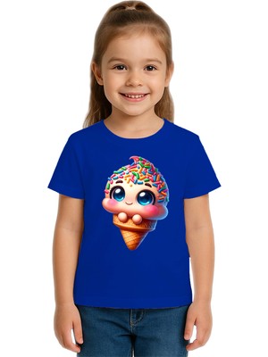 Sedirli Unisex Dondurma Ice Cream Baskılı Çocuk Tişört Pamuklu Penye Kumaş